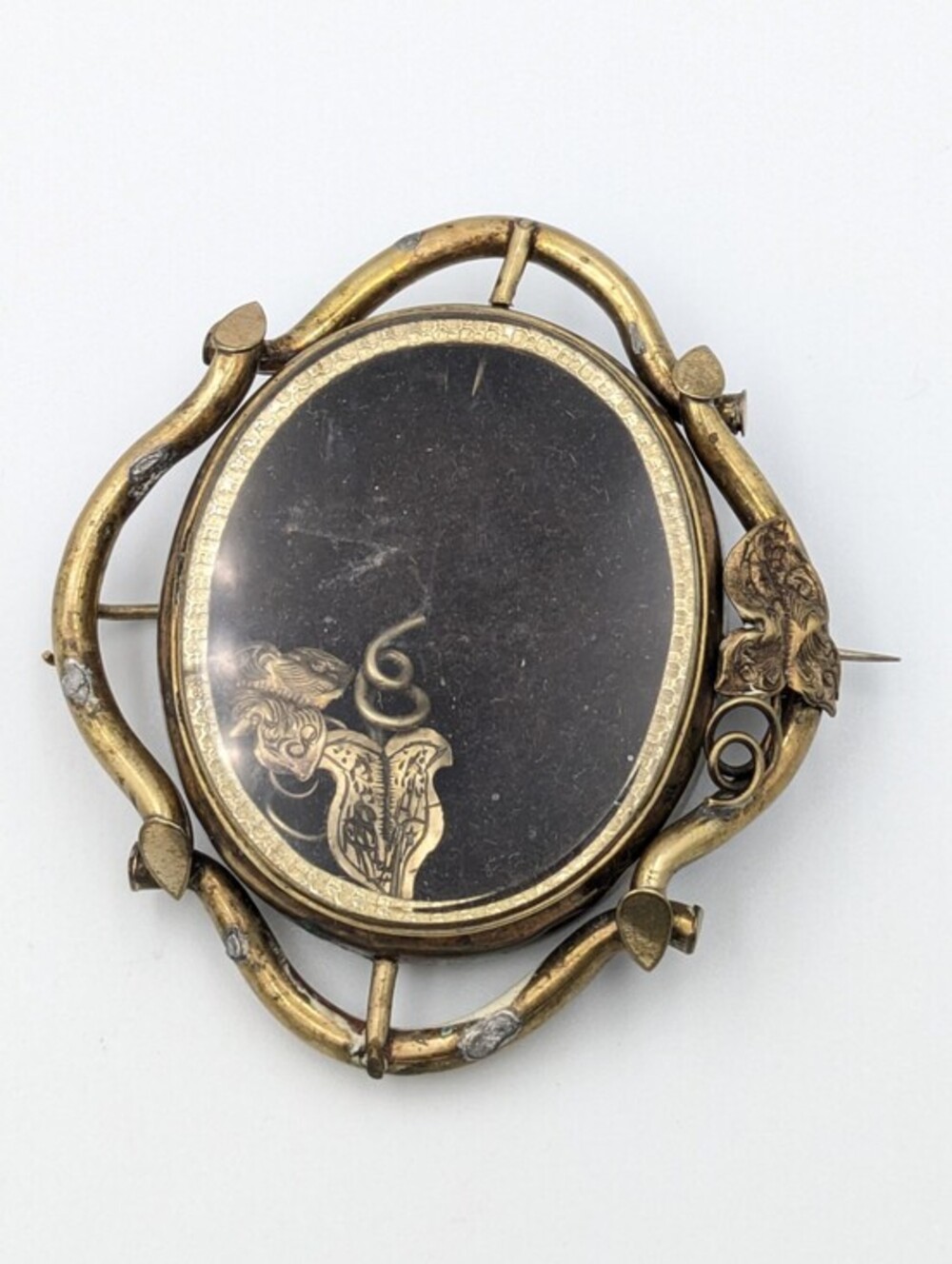 Antique Victorian era glass swivel mourning brooch pin READ